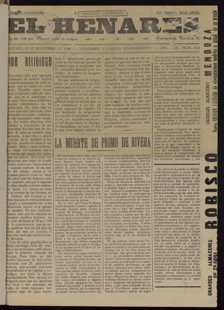 Miniatura de El Henares : semanario católico independiente del 13 de noviembre de 1938, nº 1514