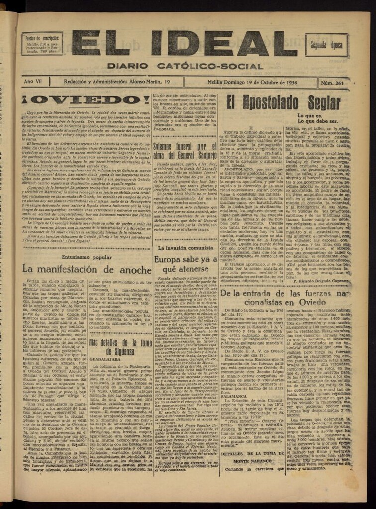 Miniatura de El ideal : periódico católico-social del 19 [sic] de octubre de 1936, nº 261