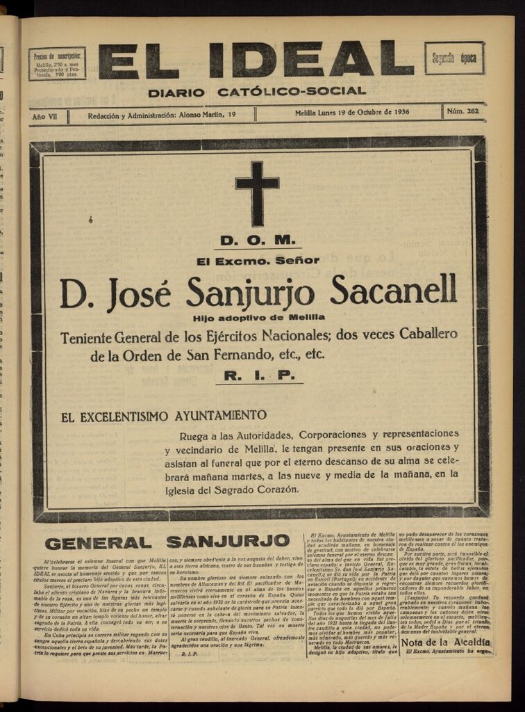 Miniatura de El ideal : periódico católico-social del 19 de octubre de 1936, nº 262