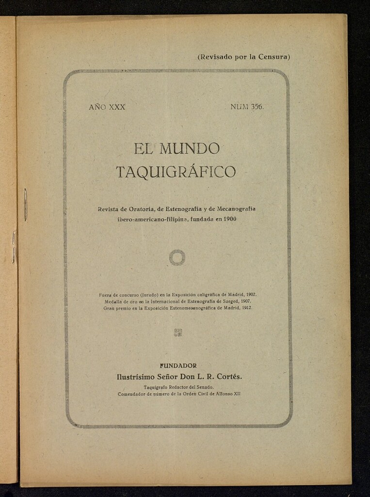 Miniatura de El Mundo Taquigráfico: revista mensual hispano-americana de oratoria y de estenografía. Noviembre de 1929, nº 356