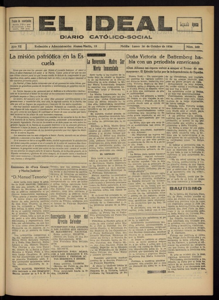 Miniatura de El ideal : periódico católico-social del 26 de octubre de 1936, nº 269