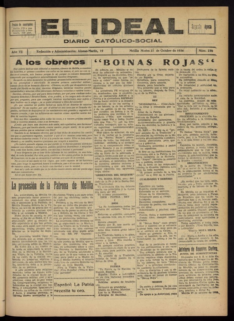 Miniatura de El ideal : periódico católico-social del 27 de octubre de 1936, nº 270