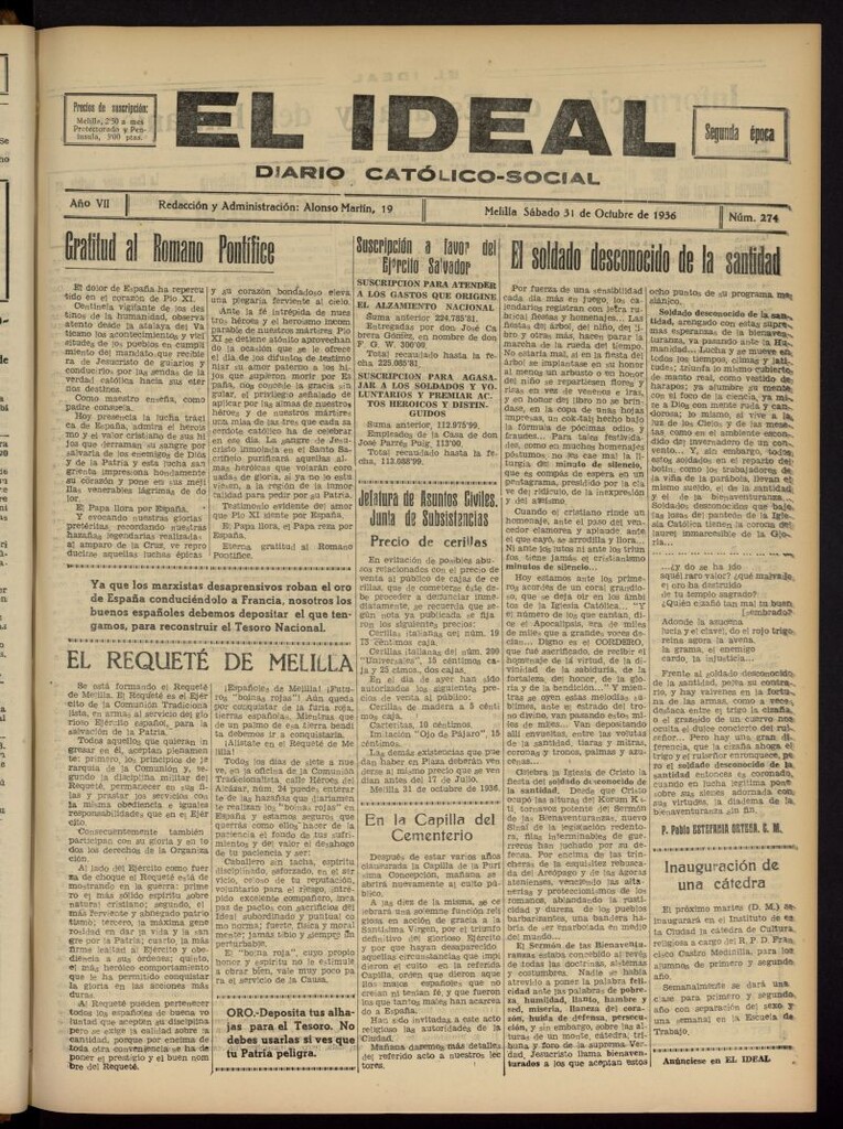 Miniatura de El ideal : periódico católico-social del 31 de octubre de 1936, nº 274