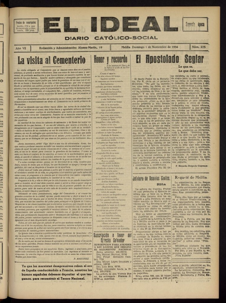 Miniatura de El ideal : periódico católico-social del 1 de noviembre de 1936, nº 275