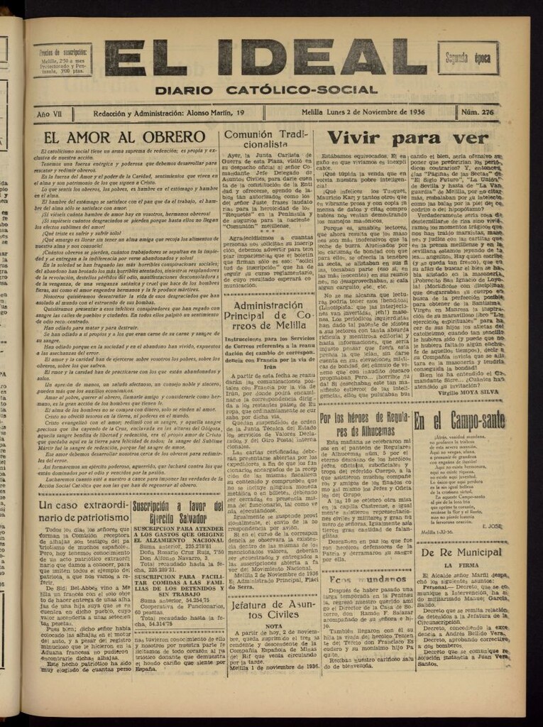 Miniatura de El ideal : periódico católico-social del 2 de noviembre de 1936, nº 276
