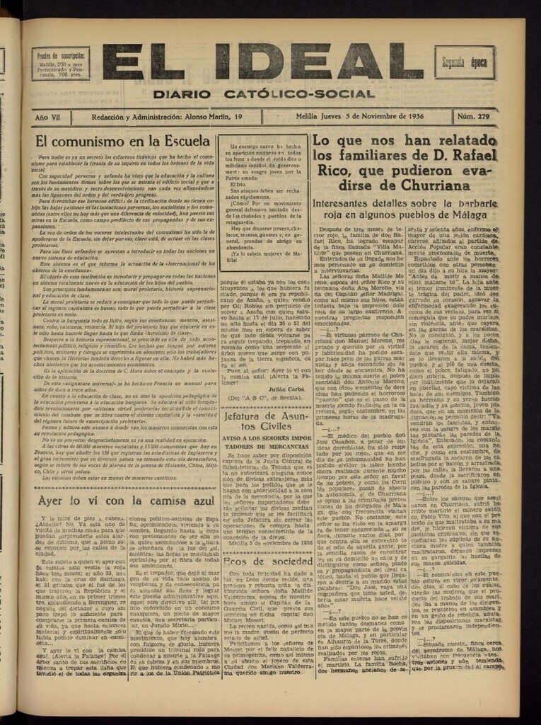 Miniatura de El ideal : periódico católico-social del 5 de noviembre de 1936, nº 279