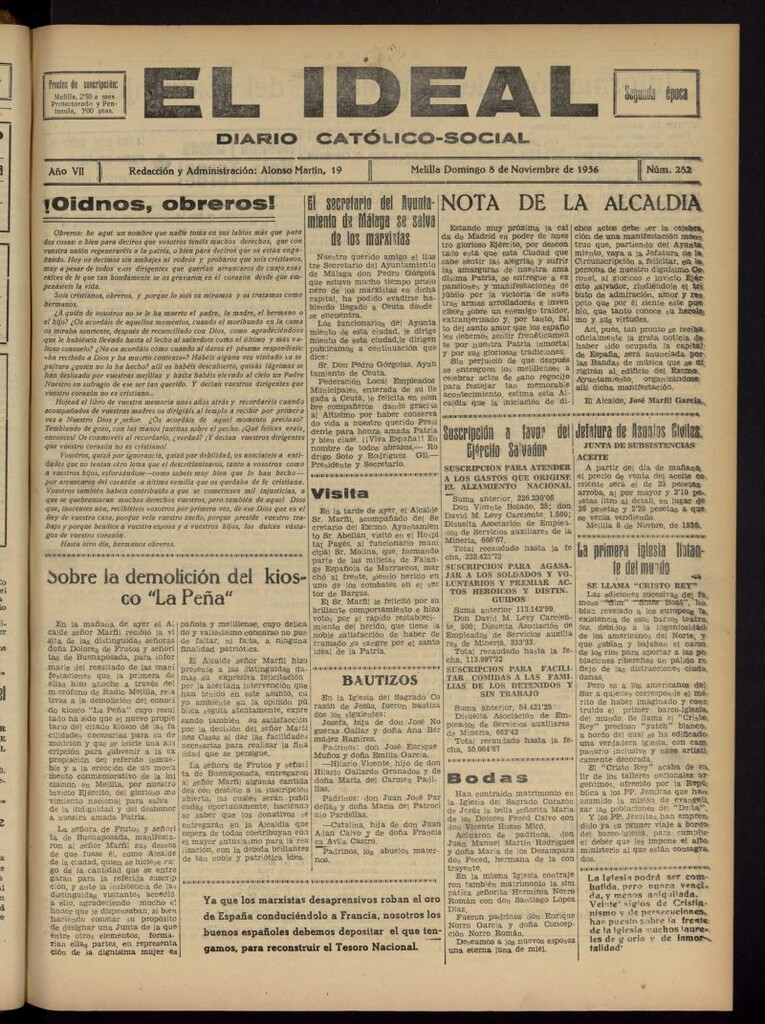 Miniatura de El ideal : periódico católico-social del 8 de noviembre de 1936, nº 282