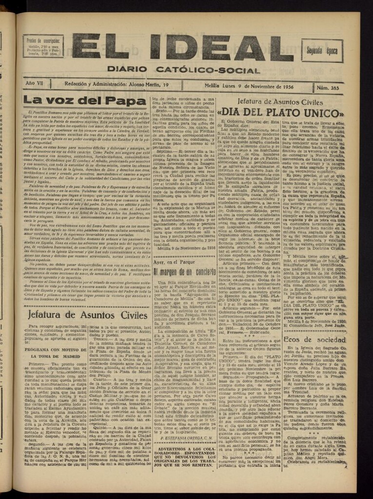 Miniatura de El ideal : periódico católico-social del 9 de noviembre de 1936, nº 283