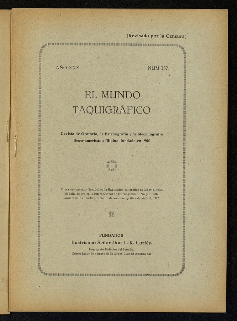 Miniatura de El Mundo Taquigráfico: revista mensual hispano-americana de oratoria y de estenografía. Diciembre de 1929, nº 357