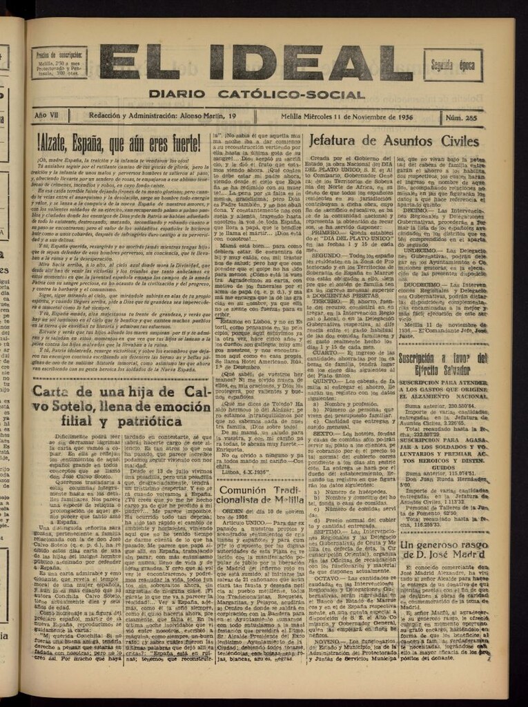 Miniatura de El ideal : periódico católico-social del 11 de noviembre de 1936, nº 285