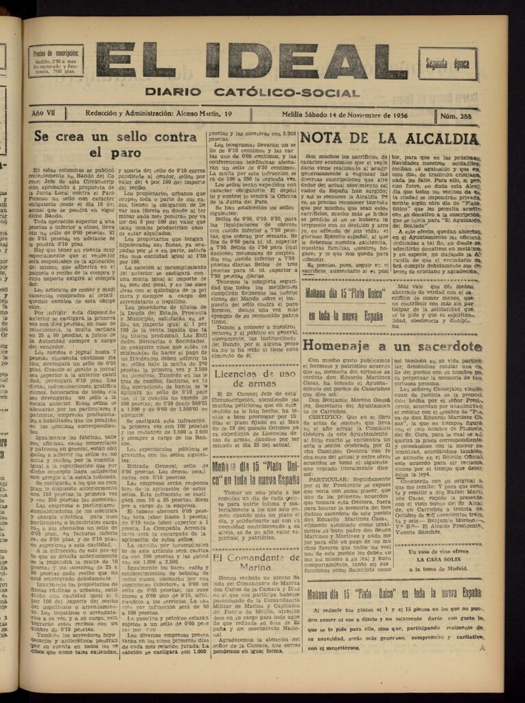Miniatura de El ideal : periódico católico-social del 14 de noviembre de 1936, nº 288
