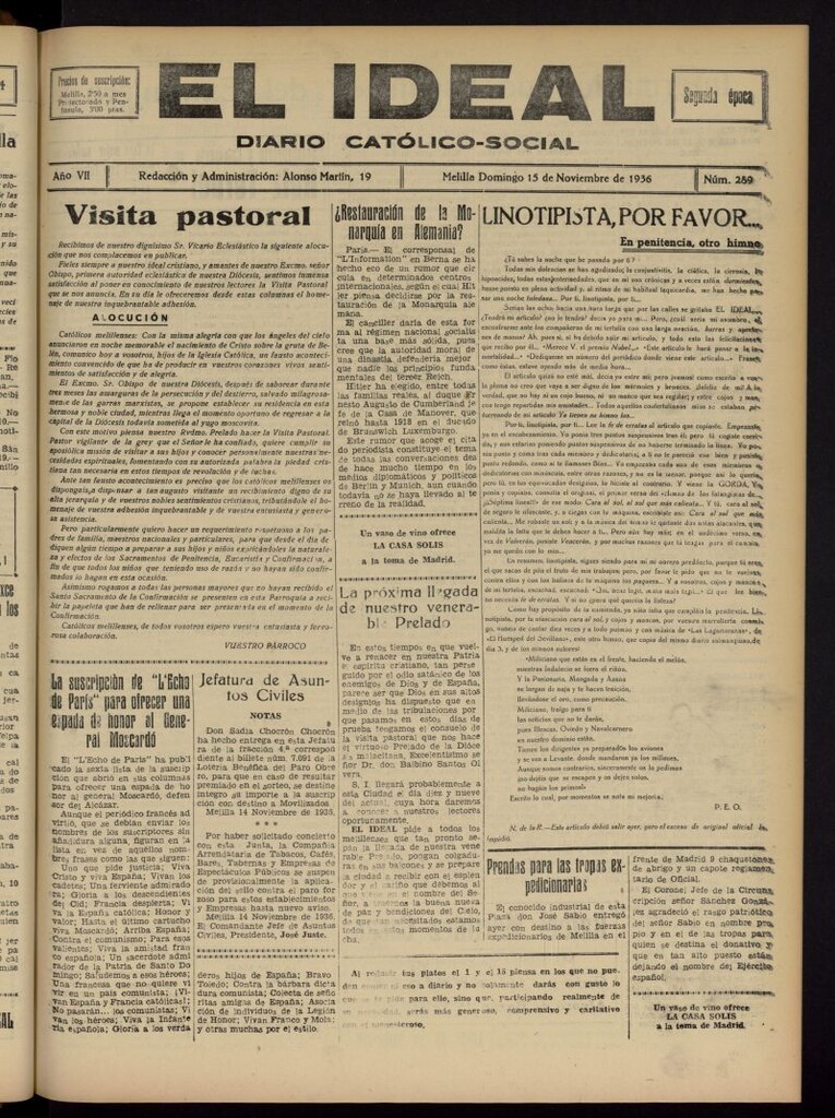Miniatura de El ideal : periódico católico-social del 15 de noviembre de 1936, nº 289