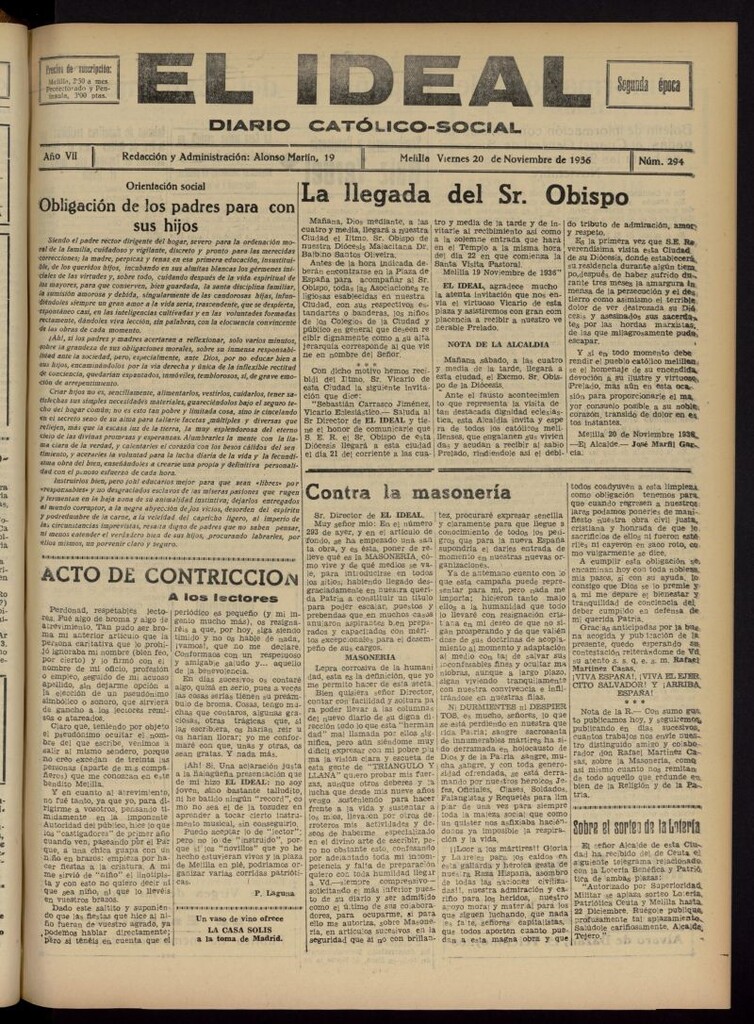 Miniatura de El ideal : periódico católico-social del 20 de noviembre de 1936, nº 294