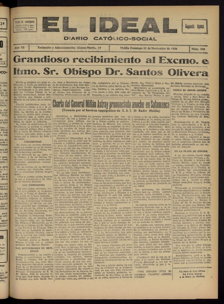 Miniatura de El ideal : periódico católico-social del 22 de noviembre de 1936, nº 296