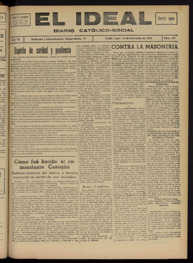 Miniatura de El ideal : periódico católico-social del 23 de noviembre de 1936, nº 297