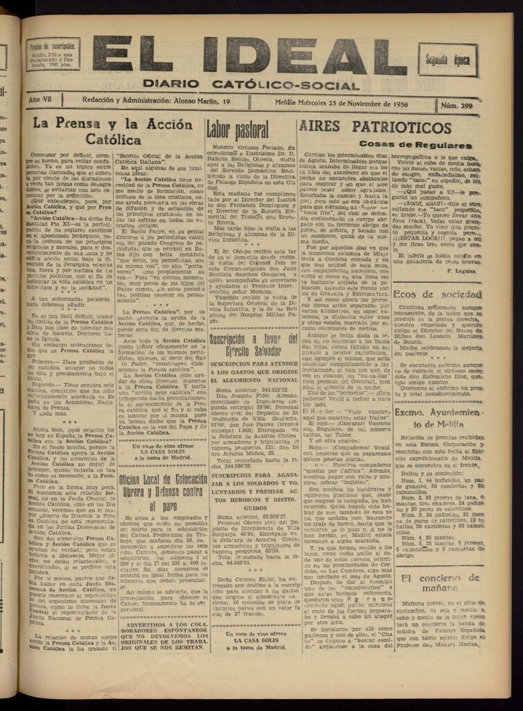 Miniatura de El ideal : periódico católico-social del 25 de noviembre de 1936, nº 299