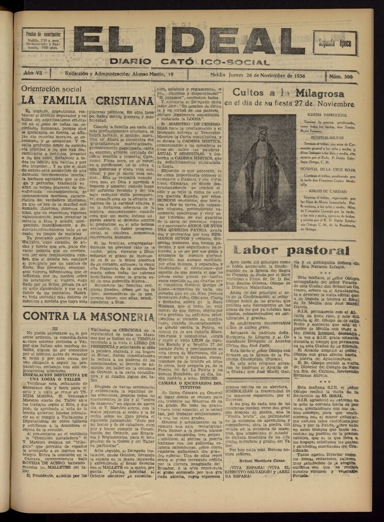 Miniatura de El ideal : periódico católico-social del 26 de noviembre de 1936, nº 300