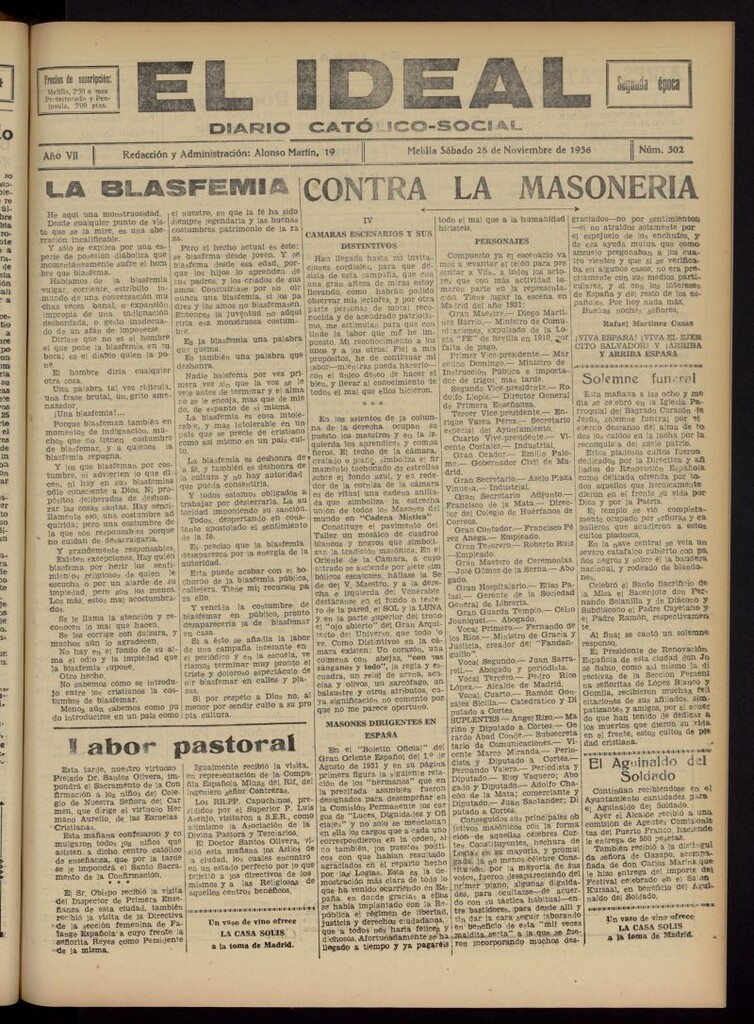 Miniatura de El ideal : periódico católico-social del 28 de noviembre de 1936, nº 302