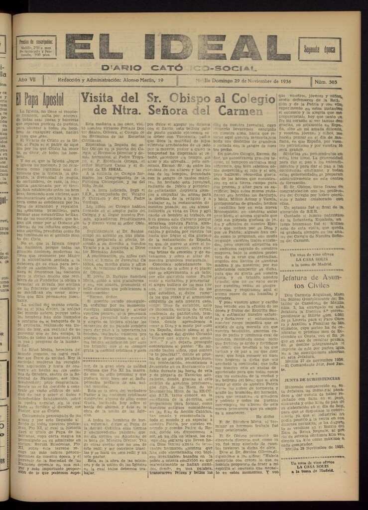 Miniatura de El ideal : periódico católico-social del 29 de noviembre de 1936, nº 303