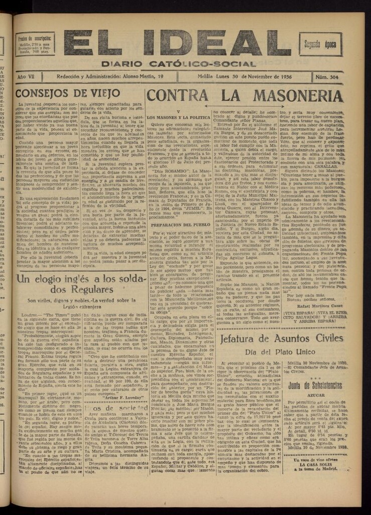 Miniatura de El ideal : periódico católico-social del 30 de noviembre de 1936, nº 304