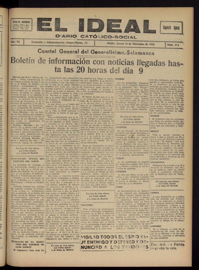 Miniatura de El ideal : periódico católico-social del 10 de diciembre de 1936, nº 314