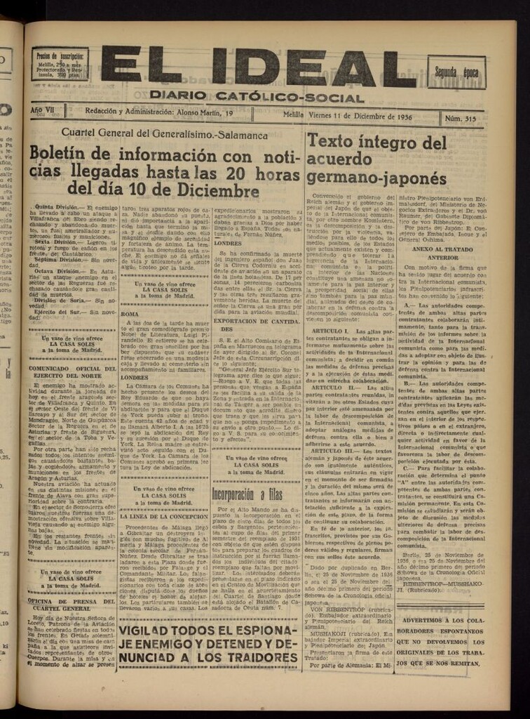 Miniatura de El ideal : periódico católico-social del 11 de diciembre de 1936, nº 315