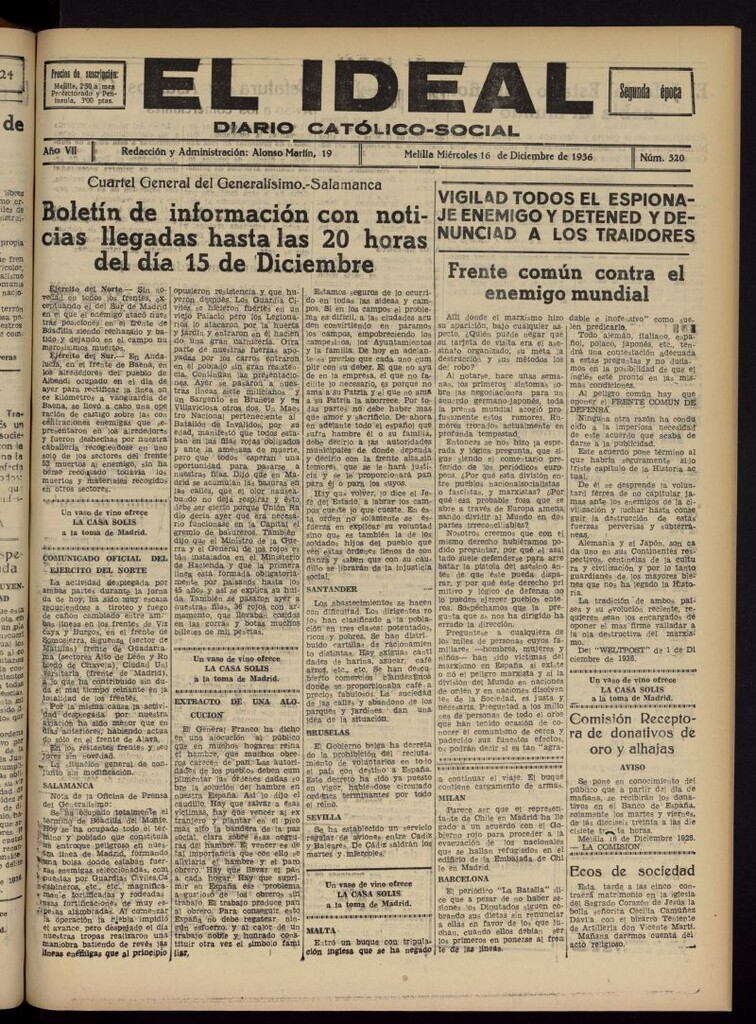 Miniatura de El ideal : periódico católico-social del 16 de diciembre de 1936, nº 320