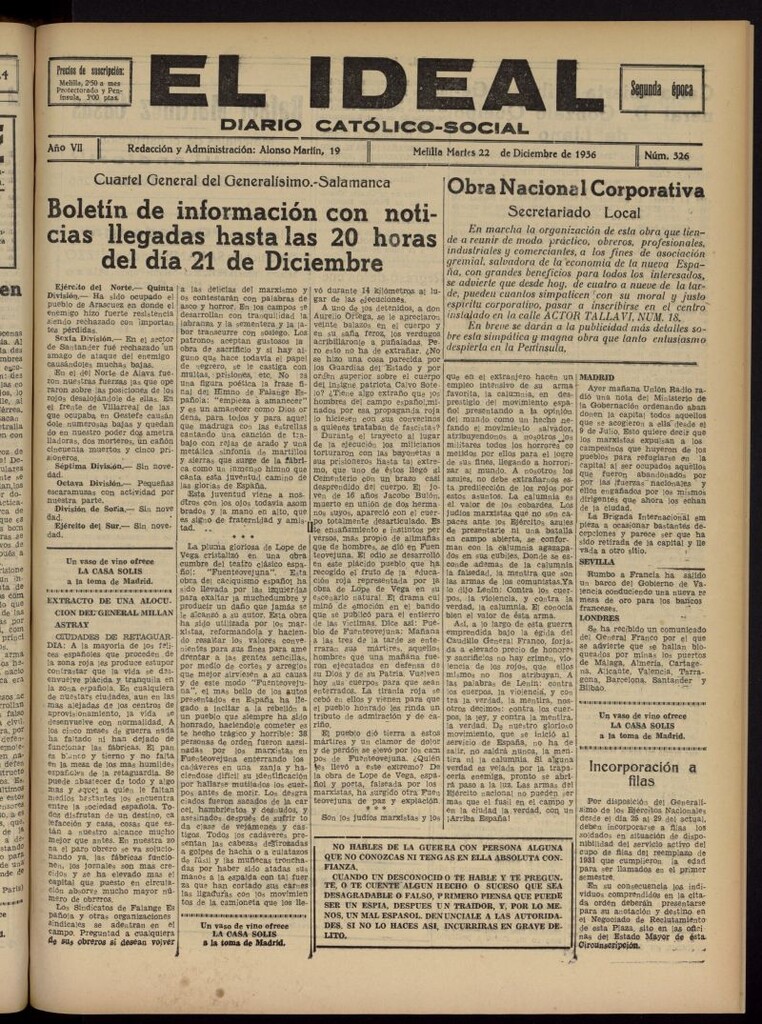 Miniatura de El ideal : periódico católico-social del 22 de diciembre de 1936, nº 326