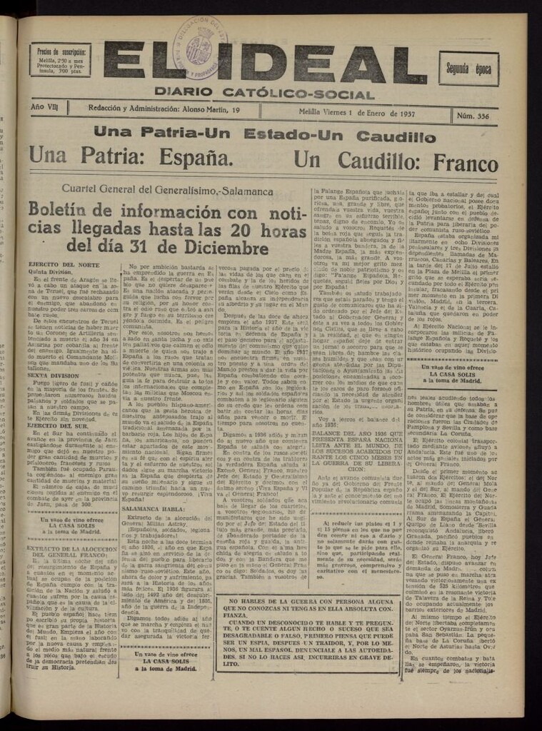 Miniatura de El ideal : periódico católico-social del 1 de enero de 1937, nº 336