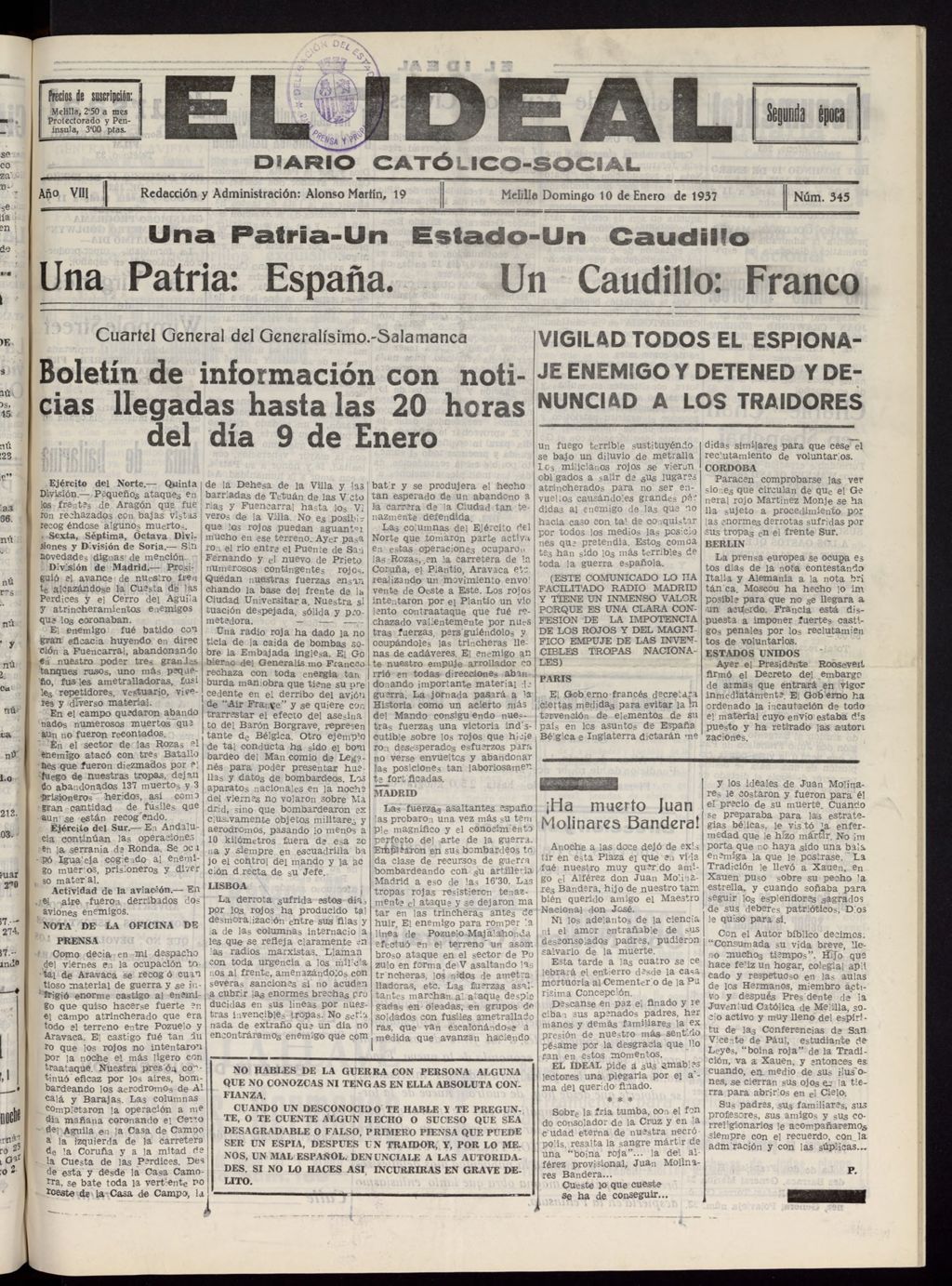 Miniatura de El ideal : periódico católico-social del 10 de enero de 1937, nº 345