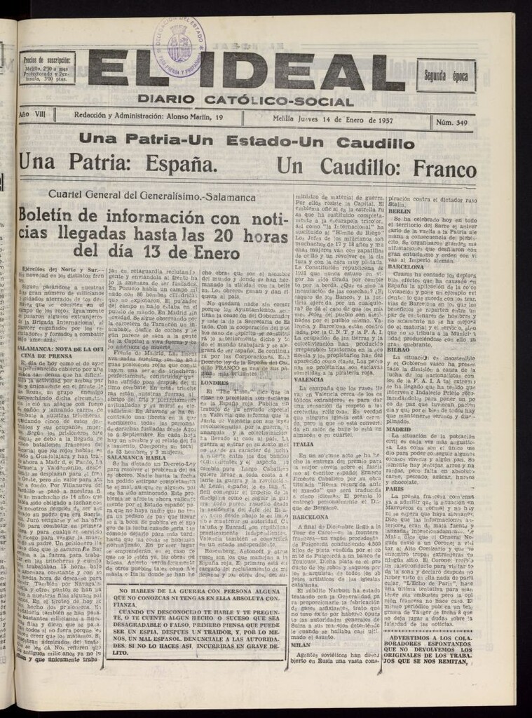 Miniatura de El ideal : periódico católico-social del 14 de enero de 1937, nº 349