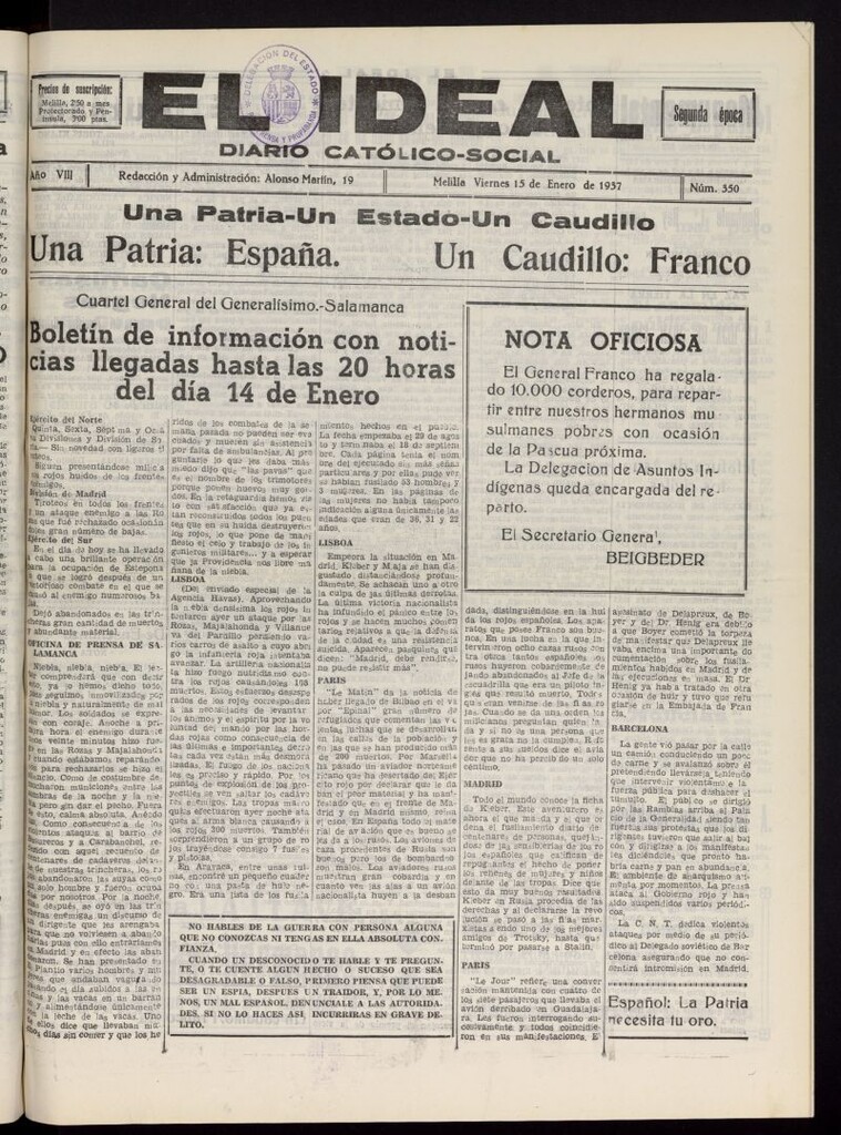Miniatura de El ideal : periódico católico-social del 15 de enero de 1937, nº 350