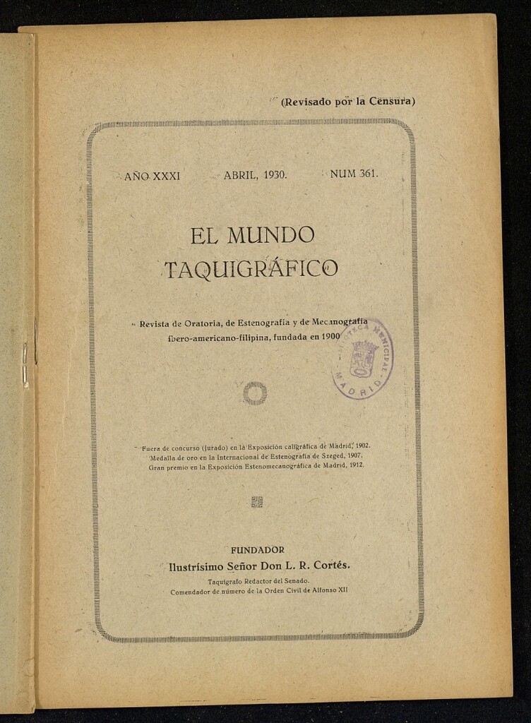 Miniatura de El Mundo Taquigráfico: revista mensual hispano-americana de oratoria y de estenografía. Abril de 1930, nº 361
