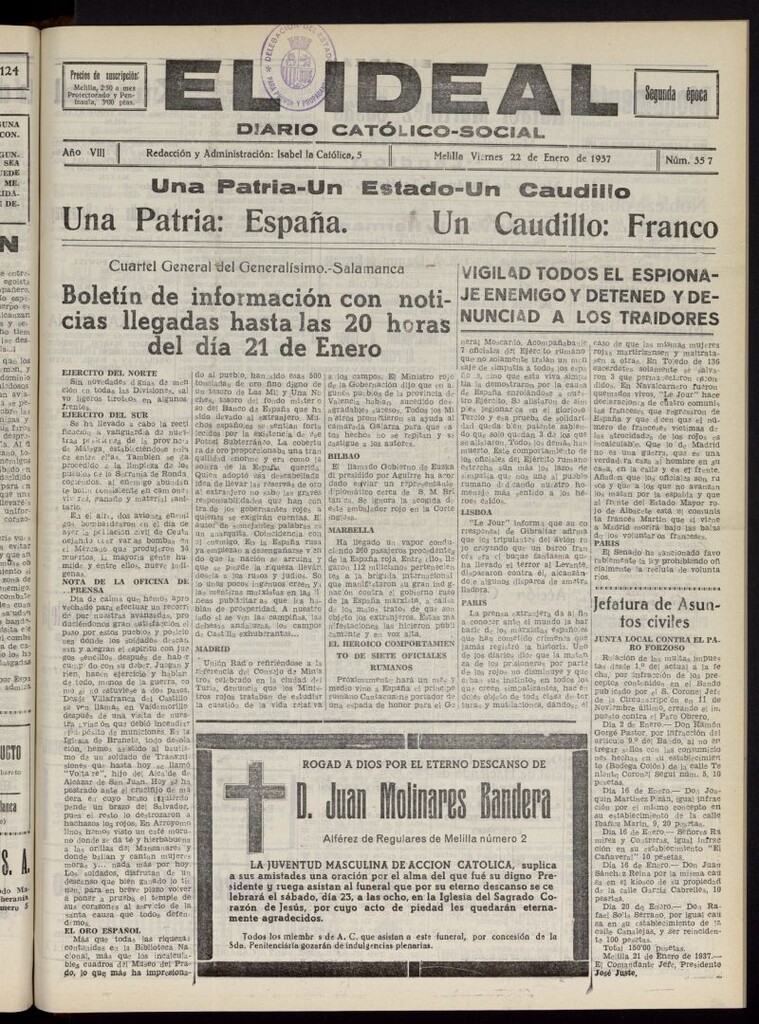 Miniatura de El ideal : periódico católico-social del 22 de enero de 1937, nº 357