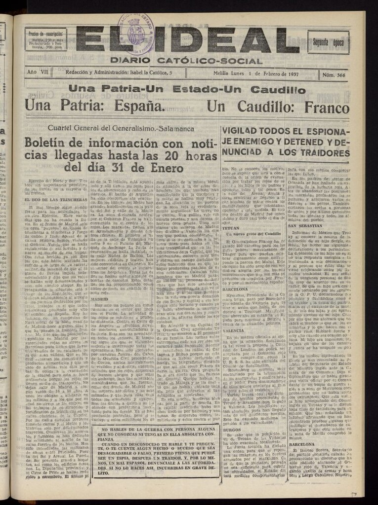Miniatura de El ideal : periódico católico-social del 1 de febrero de 1937, nº 366