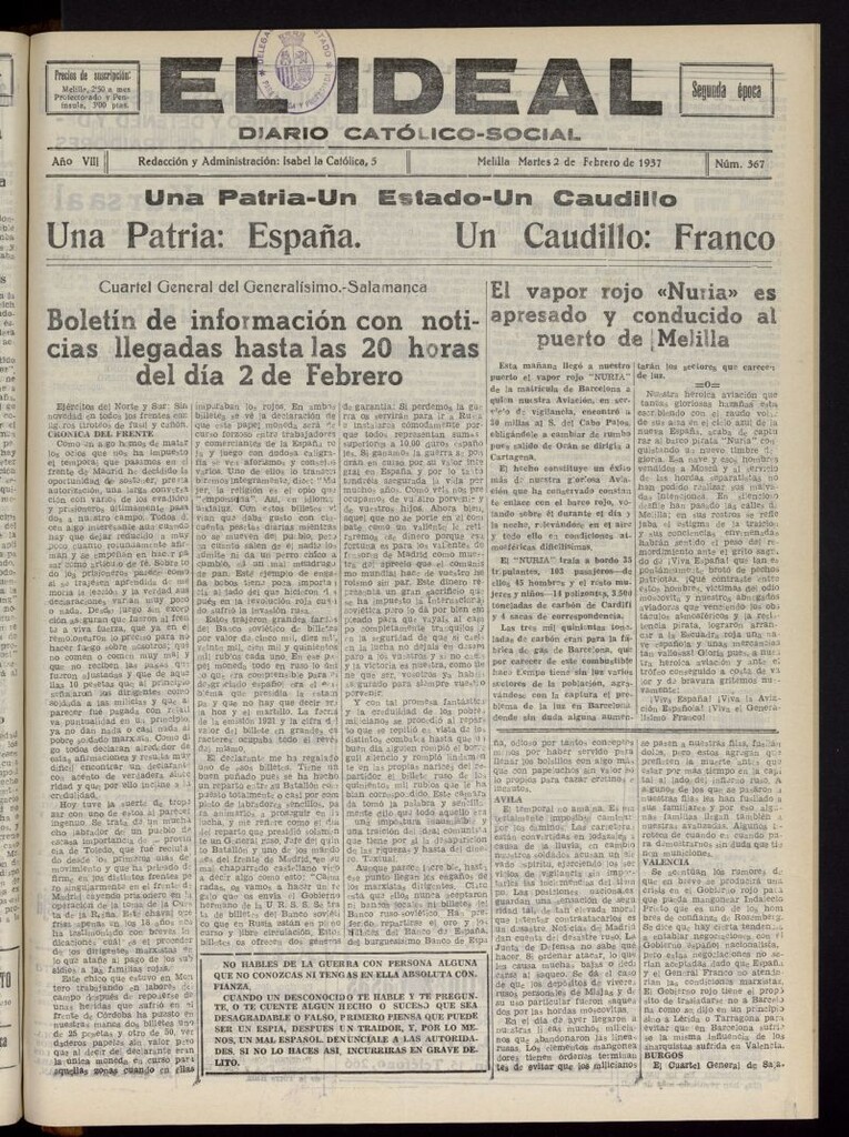Miniatura de El ideal : periódico católico-social del 2 de febrero de 1937, nº 367