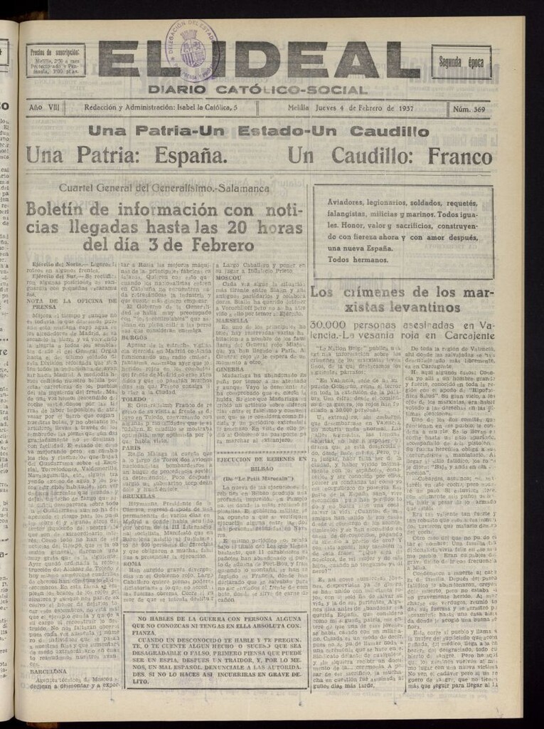 Miniatura de El ideal : periódico católico-social del 4 de febrero de 1937, nº 369