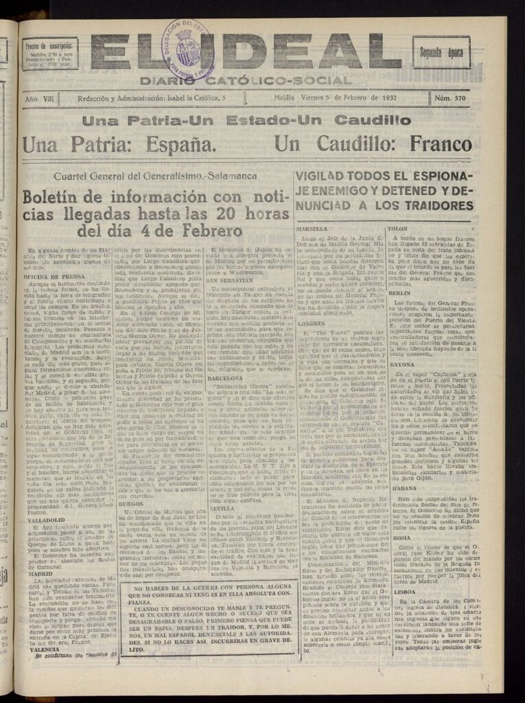 Miniatura de El ideal : periódico católico-social del 5 de febrero de 1937, nº 370