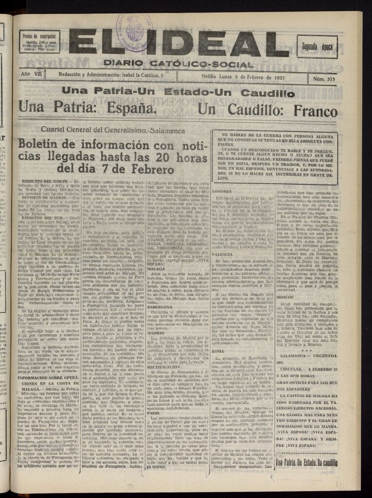 Miniatura de El ideal : periódico católico-social del 8 de febrero de 1937, nº 373