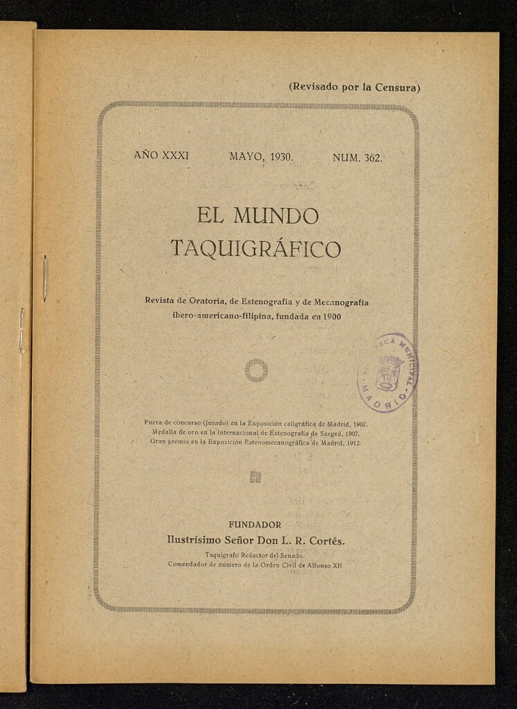 Miniatura de El Mundo Taquigráfico: revista mensual hispano-americana de oratoria y de estenografía. Mayo de 1930, nº 362