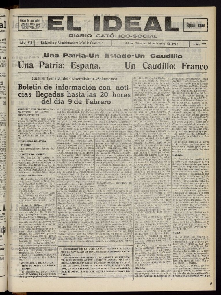 Miniatura de El ideal : periódico católico-social del 10 de febrero de 1937, nº 375
