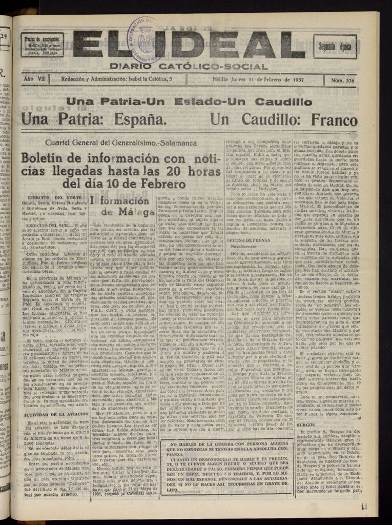 Miniatura de El ideal : periódico católico-social del 11 de febrero de 1937, nº 376