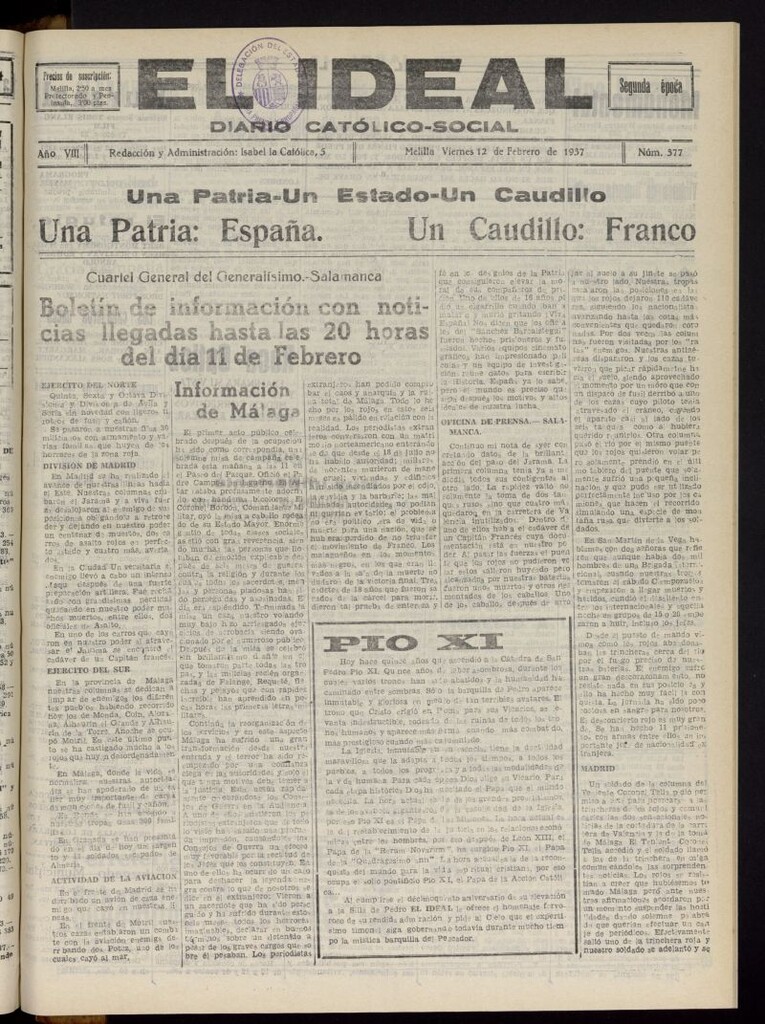 Miniatura de El ideal : periódico católico-social del 12 de febrero de 1937, nº 377