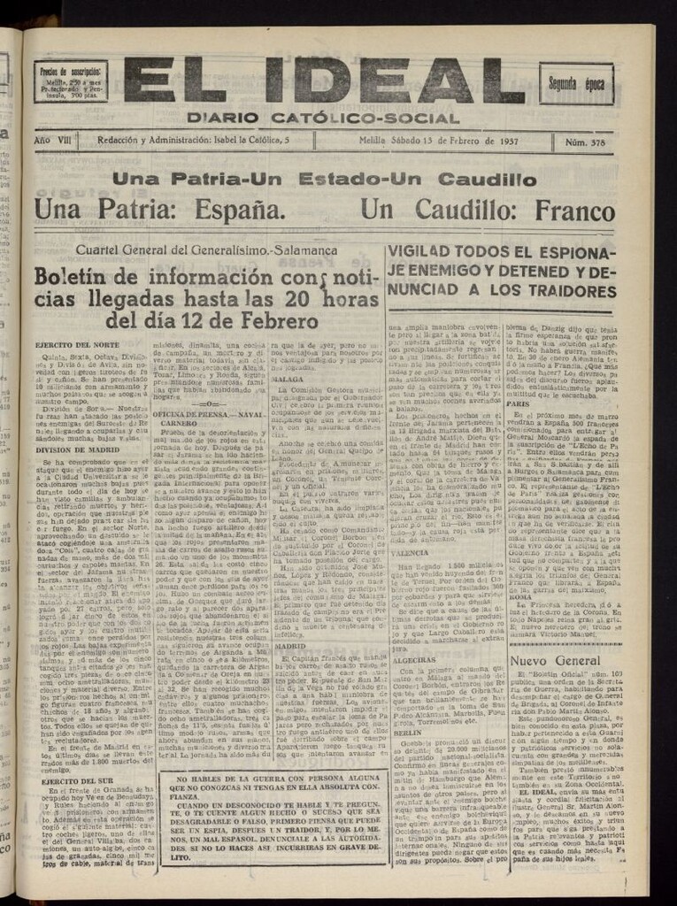 Miniatura de El ideal : periódico católico-social del 13 de febrero de 1937, nº 378