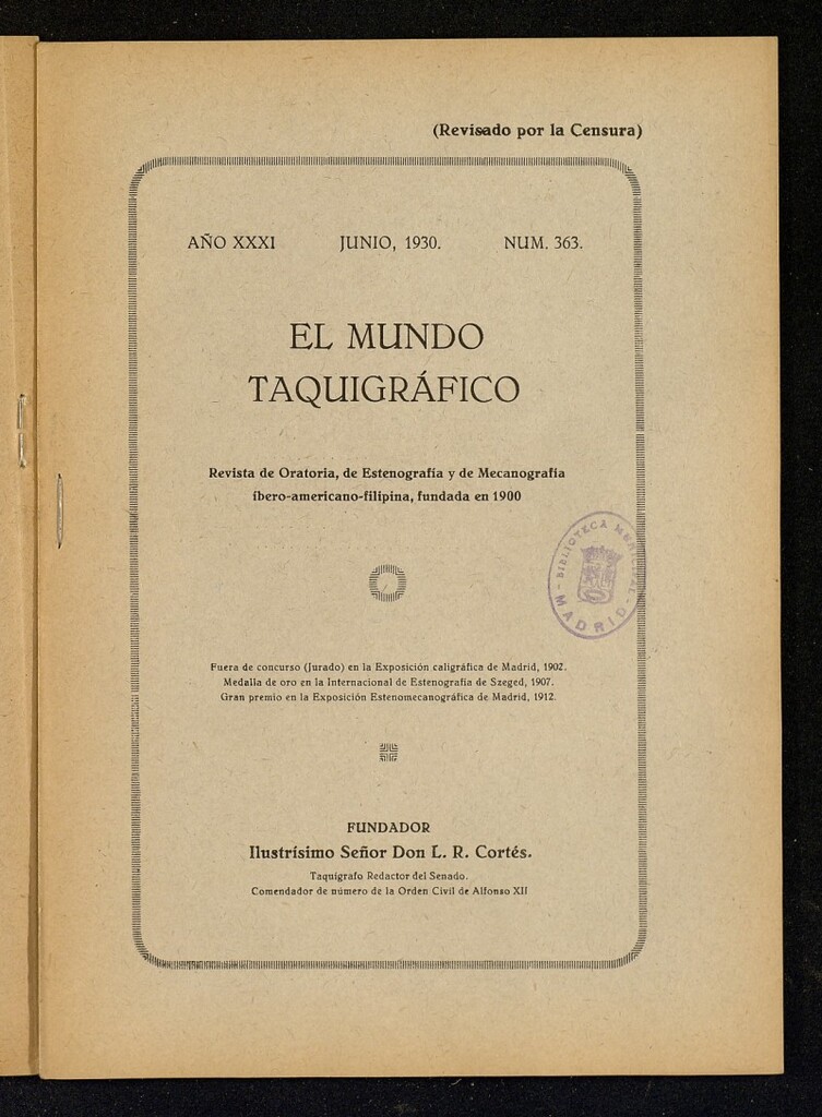Miniatura de El Mundo Taquigráfico: revista mensual hispano-americana de oratoria y de estenografía. Junio de 1930, nº 363