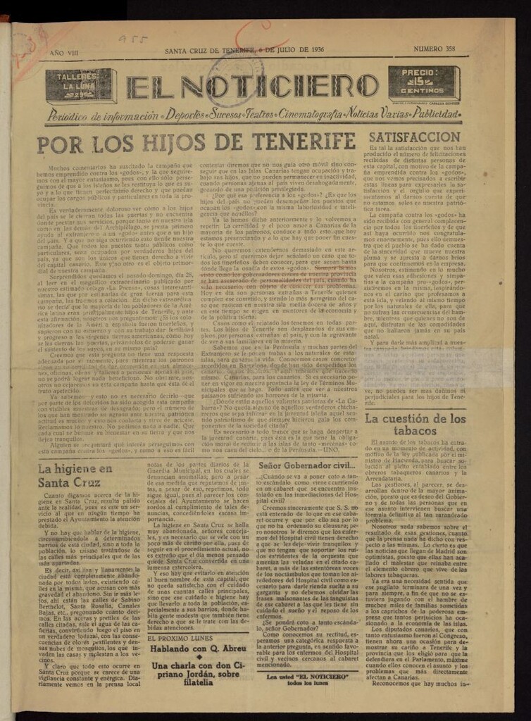 Miniatura de El Noticiero :periódico de información del 6 de julio de 1936, nº 358