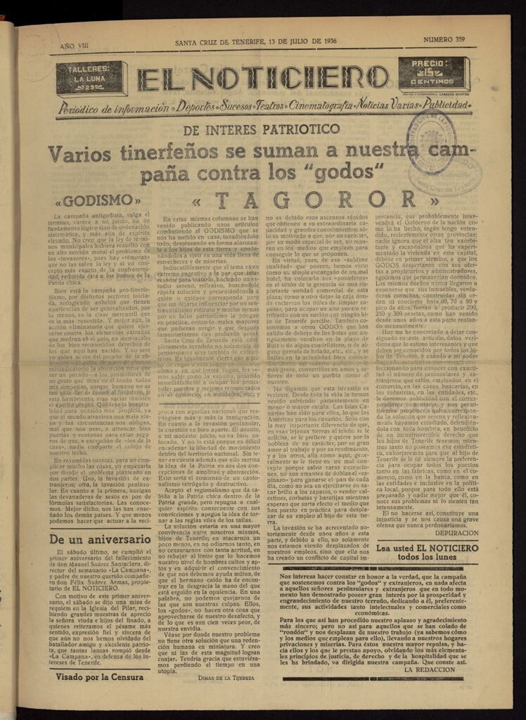 Miniatura de El Noticiero :periódico de información del 13 de julio de 1936, nº 359