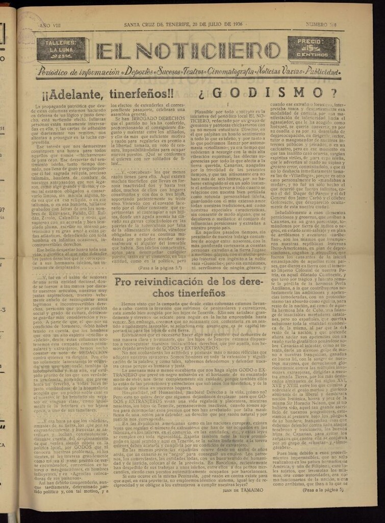 Miniatura de El Noticiero :periódico de información del 20 de julio de 1936, nº 360