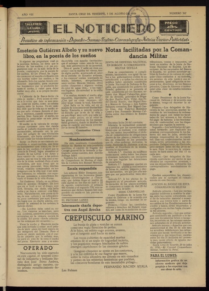 Miniatura de El Noticiero :periódico de información del 3 de agosto de 1936, nº 362