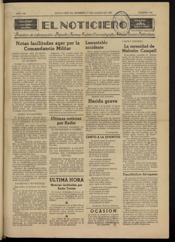 Miniatura de El Noticiero :periódico de información del 17 de agosto de 1936, nº 364